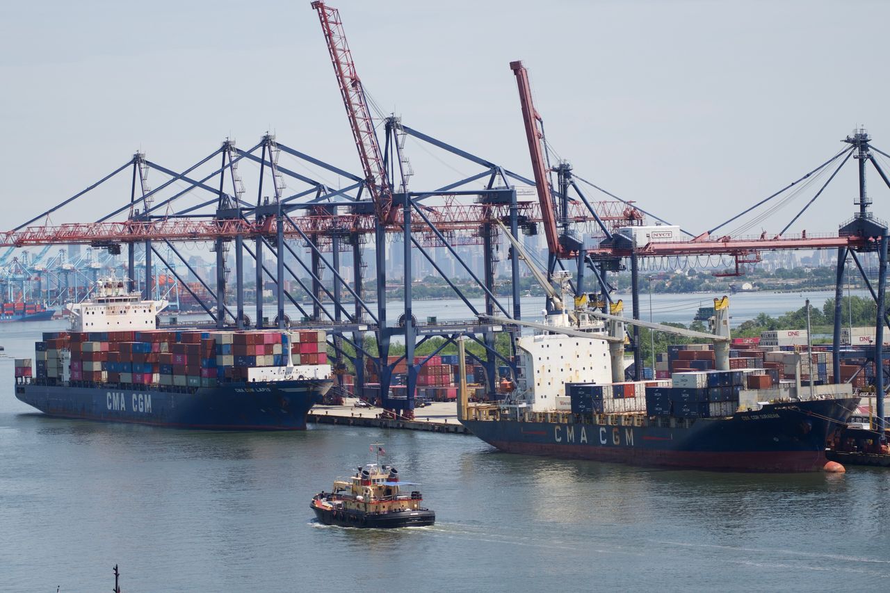 Industrial port scene with large container ships and cranes under a clear sky.